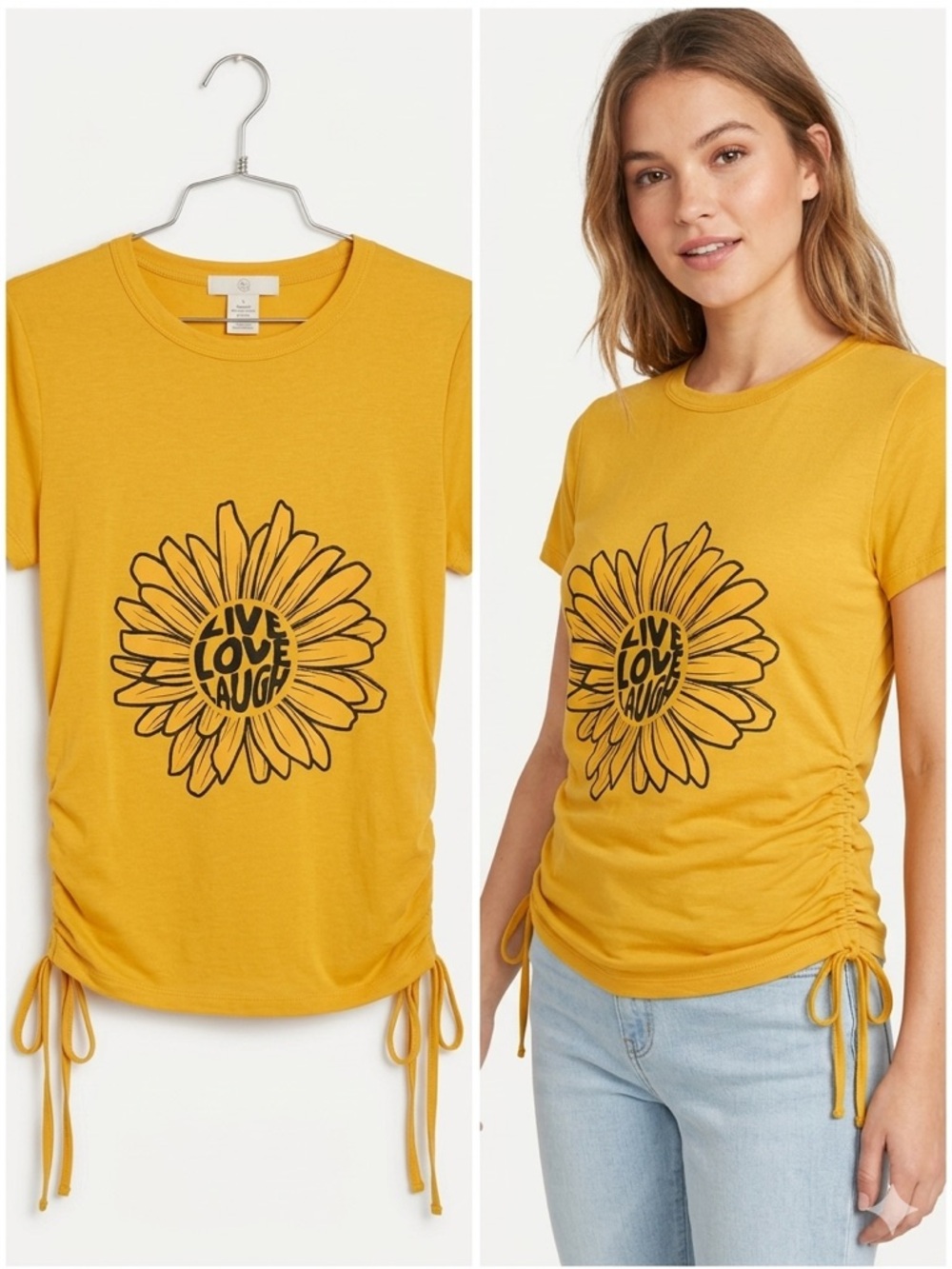 Women’s Yellow Mustard Short-Sleeve Tee with Floral "Live Love Laugh" Graphic